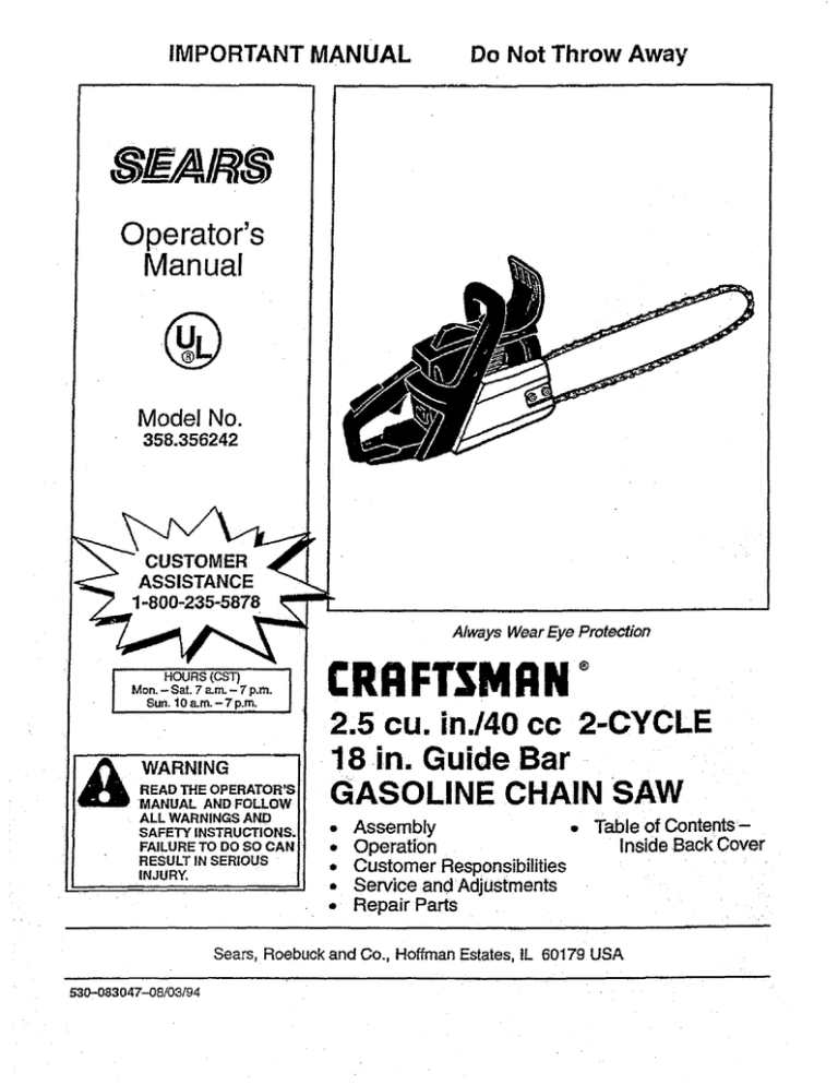 Craftsman 358.356242 Operator`s manual Craftsman 358.356242 Operator`s manual