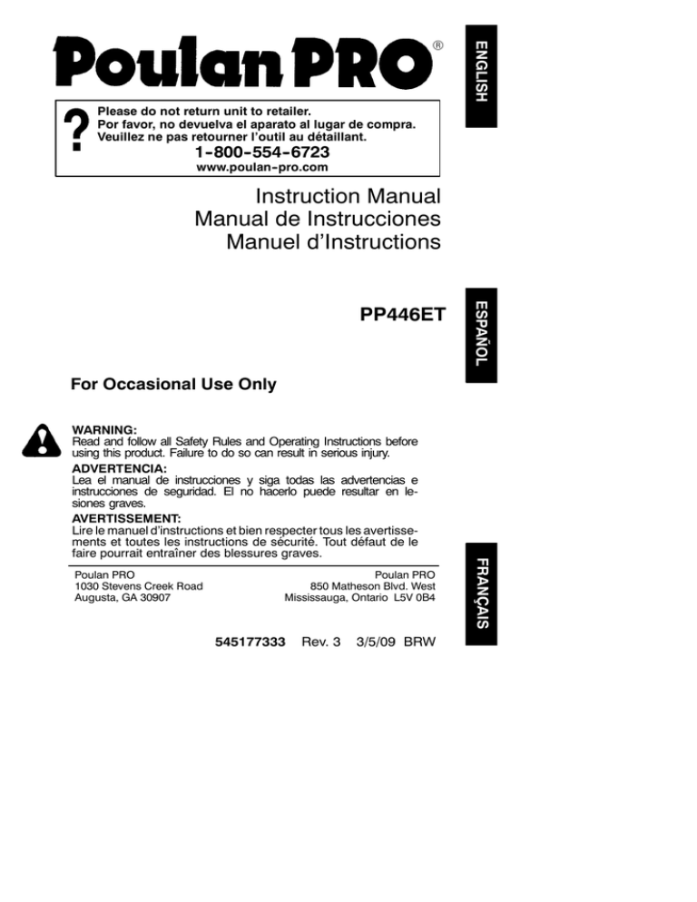 Poulan Pro PP446ET Instruction manual Poulan Pro PP446ET Instruction manual