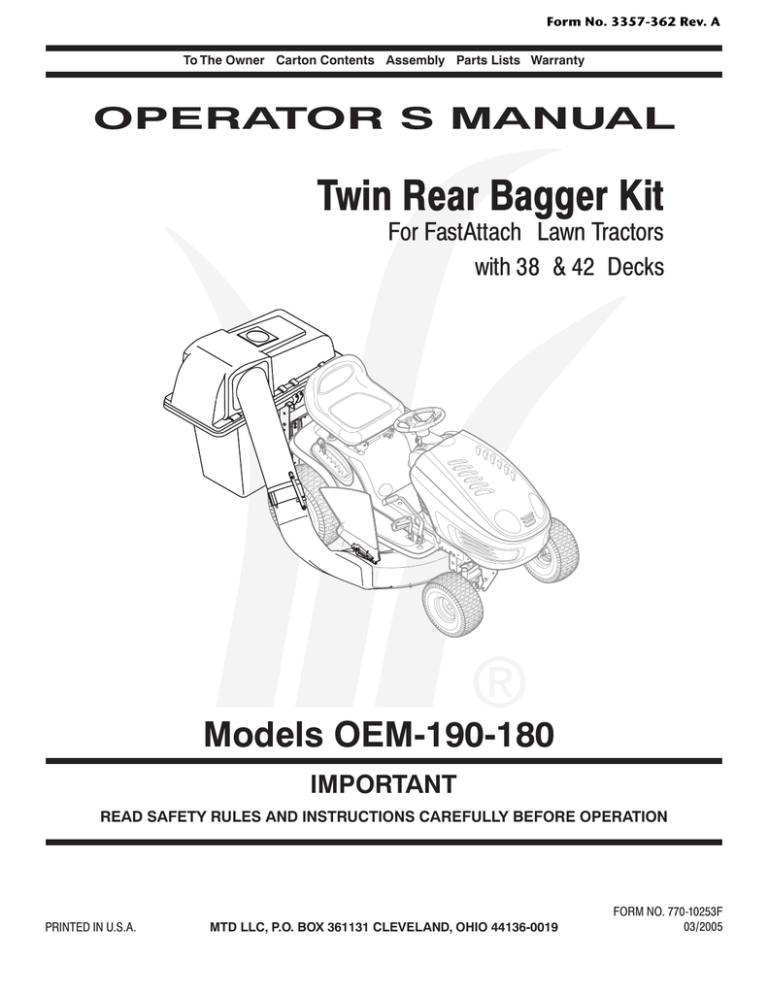 Toro 42in Twin Bagger, 190 User manual Toro 42in Twin Bagger, 190 User manual