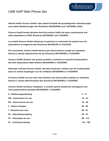 Vivanco USB VOICE OVER IP TELEPHONE, WEBPHONE SET WEBCAM - Owner's manual Vivanco USB VOICE OVER IP TELEPHONE, WEBPHONE SET WEBCAM - Owner's manual