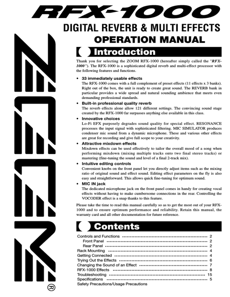 Zoom RFX-1000 Specifications Zoom RFX-1000 Specifications