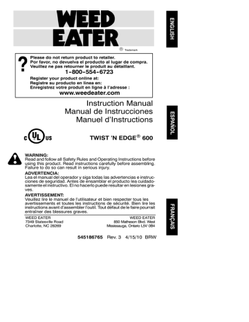 Weed Eater TWIST-N-EDGE 530086934 Operating instructions Weed Eater TWIST-N-EDGE 530086934 Operating instructions