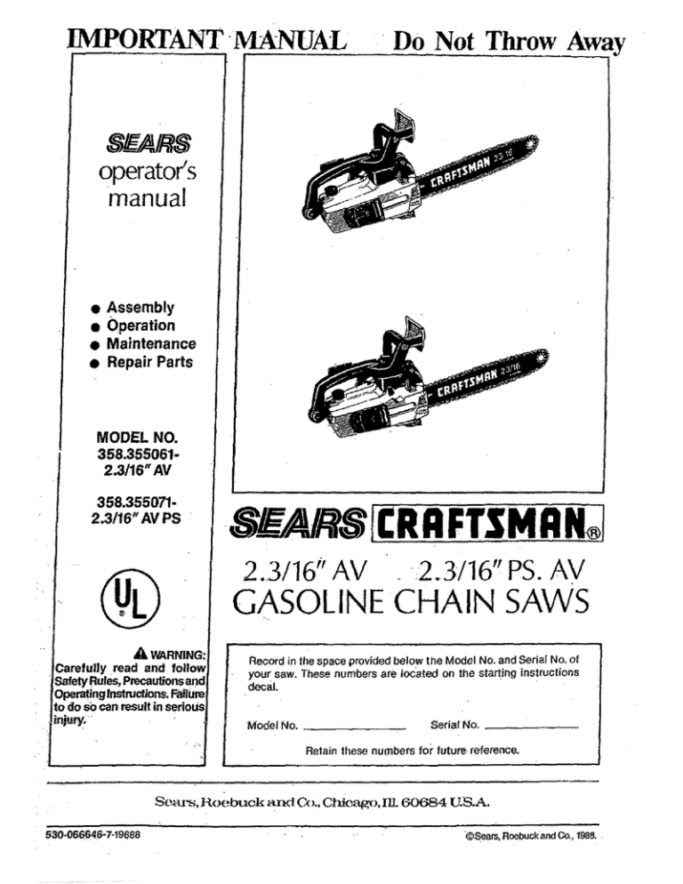Craftsman 358.355071 Operator`s manual Craftsman 358.355071 Operator`s manual