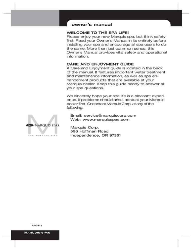 Marquis Spas Quest Owner`s manual Marquis Spas Quest Owner`s manual