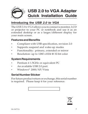 SIIG JU-000071-S1 USB 2.0 to VGA Installation Guide | Manualzz