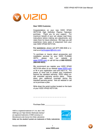 Vizio VP42HDTV20A User manual | Manualzz