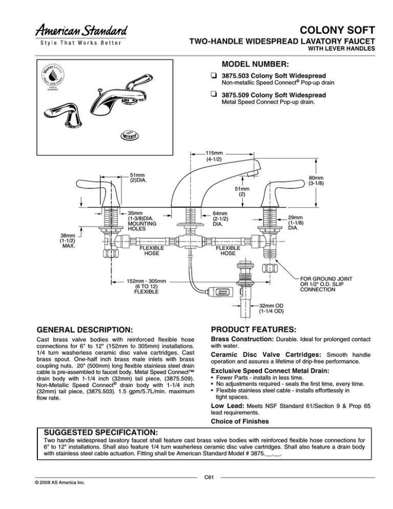 American Standard 3875.509 Indoor Furnishings User Manual American Standard 3875.509 Indoor Furnishings User Manual