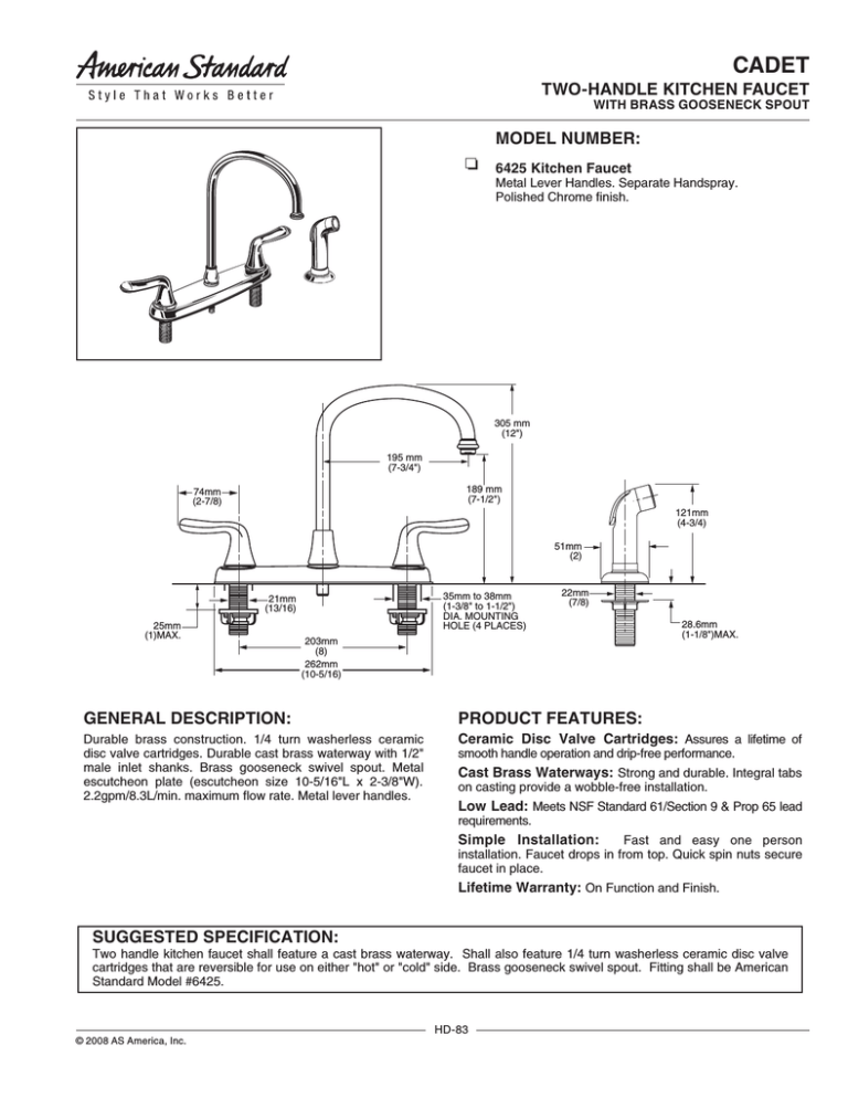 American Standard 6425 Indoor Furnishings User Manual American Standard 6425 Indoor Furnishings User Manual