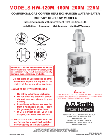 A.O. Smith BURKAY HW-225M, BURKAY HW-200M, BURKAY HW-120M User manual A.O. Smith BURKAY HW-225M, BURKAY HW-200M, BURKAY HW-120M User manual