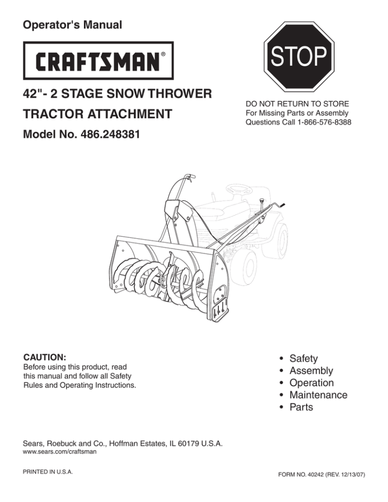 Craftsman 486.248381 Snow Blower User Manual Craftsman 486.248381 Snow Blower User Manual