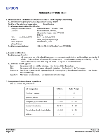 Epson MSDS T6244 Printer Accessories User Manual Epson MSDS T6244 Printer Accessories User Manual