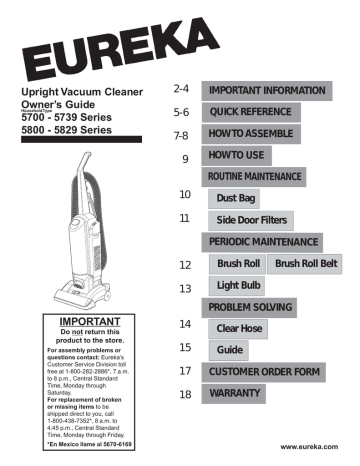 Eureka 5700 Vacuum Cleaner Owner's Guide | Manualzz