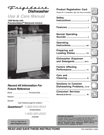 Frigidaire 1200 Dishwasher User Manual Frigidaire 1200 Dishwasher User Manual