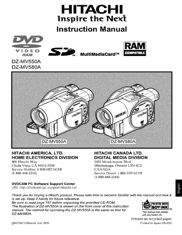 Hitachi DZ-MV550A, DZ-MV580A User manual Hitachi DZ-MV550A, DZ-MV580A User manual