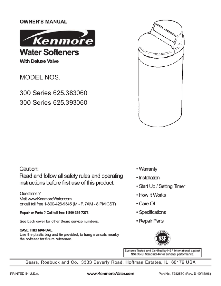 Kenmore 300 Series, 300 Series Water System User Manual Kenmore 300 Series, 300 Series Water System User Manual