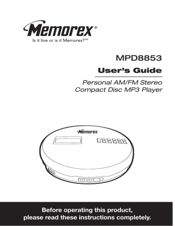 Memorex MPD8853 CD Player User`s guide | Manualzz Memorex MPD8853 CD Player User`s guide | Manualzz