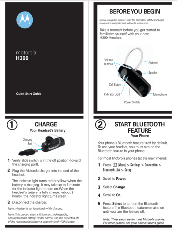 Motorola H390 - Headset - In-ear ear-bud Quick Start Guide | Manualzz