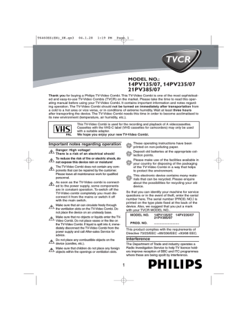 Philips 14PV235/07 TV VCR Combo User Manual Philips 14PV235/07 TV VCR Combo User Manual