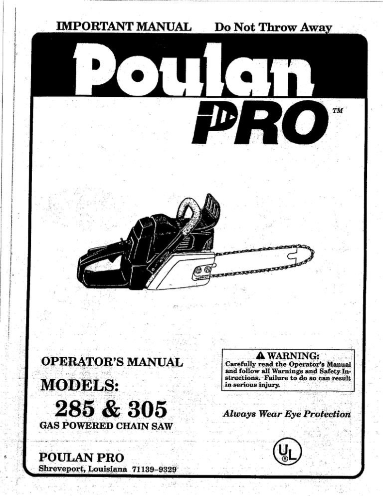 Poulan 305 Chainsaw User Manual Poulan 305 Chainsaw User Manual