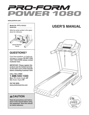 ProForm 1080 Treadmill User`s manual | Manualzz ProForm 1080 Treadmill User`s manual | Manualzz
