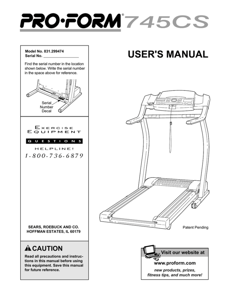 ProForm 831.299474 Treadmill User Manual ProForm 831.299474 Treadmill User Manual