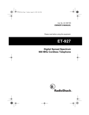 Radio Shack ET-927 Cordless Telephone Owner's Manual | Manualzz Radio Shack ET-927 Cordless Telephone Owner's Manual | Manualzz