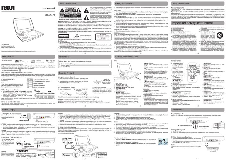 RCA DRC99370 Portable DVD Player User Manual RCA DRC99370 Portable DVD Player User Manual