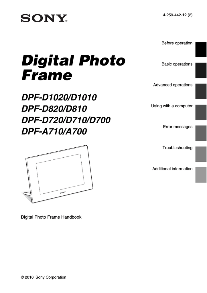 Sony DPF D1020 D1010 Digital Photo Frame User Manual Manualzz