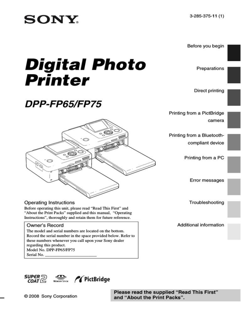Sony DPP-FP75, DPP-FP65 User manual Sony DPP-FP75, DPP-FP65 User manual