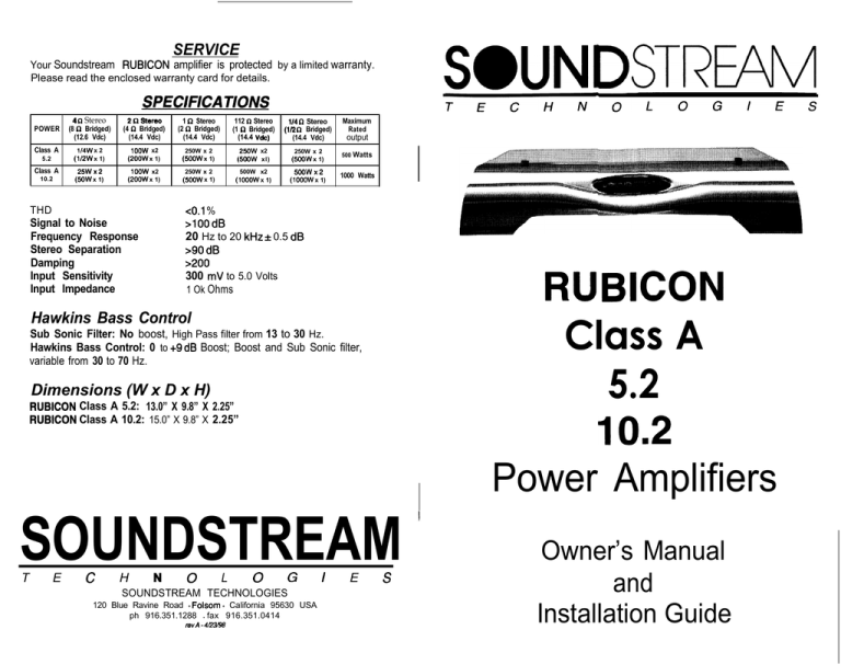 Soundstream Technologies Class A 5.2 102 Stereo Amplifier User Manual Soundstream Technologies Class A 5.2 102 Stereo Amplifier User Manual