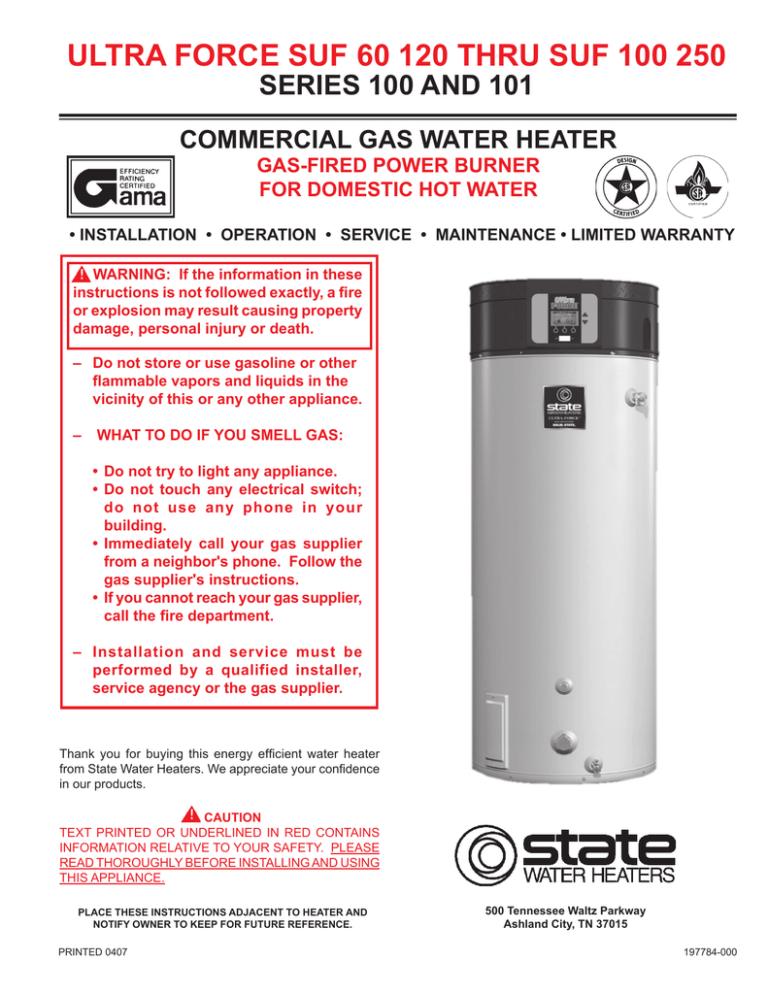 State Industries 100 Water Heater User Manual State Industries 100 Water Heater User Manual