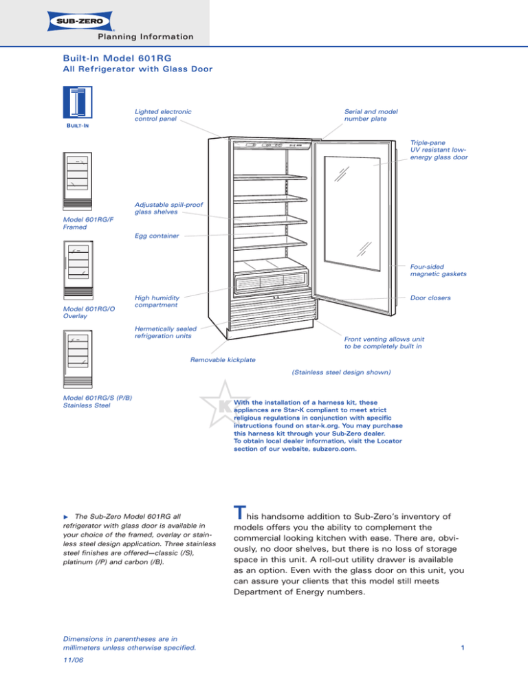 Sub-Zero 601RG Refrigerator User Manual Sub-Zero 601RG Refrigerator User Manual