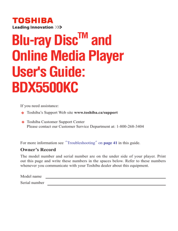 Toshiba BDX5500KC Blu-ray Player User Manual Toshiba BDX5500KC Blu-ray Player User Manual