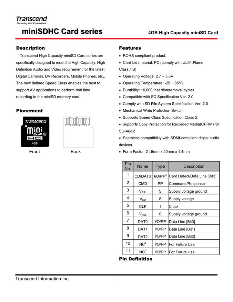 Transcend Information miniSDHC Card Series Network Card User Manual Transcend Information miniSDHC Card Series Network Card User Manual