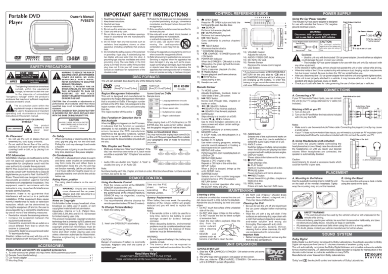 Venturer PVS6370 Portable DVD Player User Manual Venturer PVS6370 Portable DVD Player User Manual