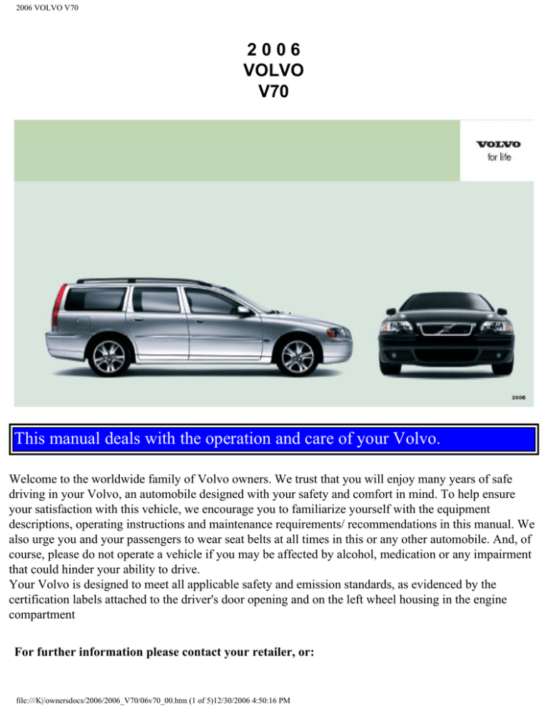 Volvo V70 Automobile User Manual Volvo V70 Automobile User Manual