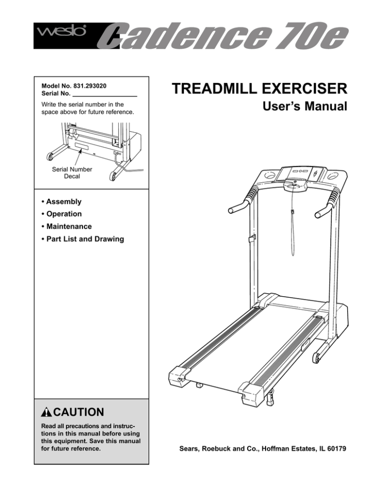 Weslo 831.293020 Treadmill User Manual Weslo 831.293020 Treadmill User Manual