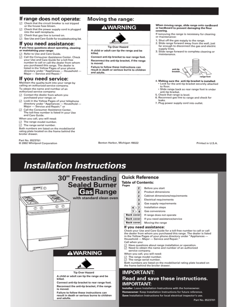 Whirlpool 8523781 Range User Manual Whirlpool 8523781 Range User Manual