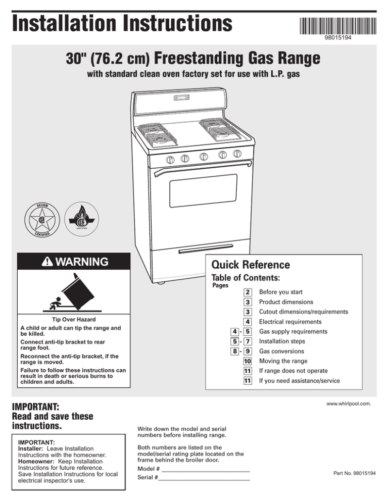Whirlpool 98015194 Range User Manual Whirlpool 98015194 Range User Manual