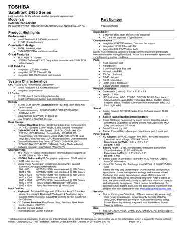 Toshiba 2455-S3001 Laptop Specification | Manualzz Toshiba 2455-S3001 Laptop Specification | Manualzz