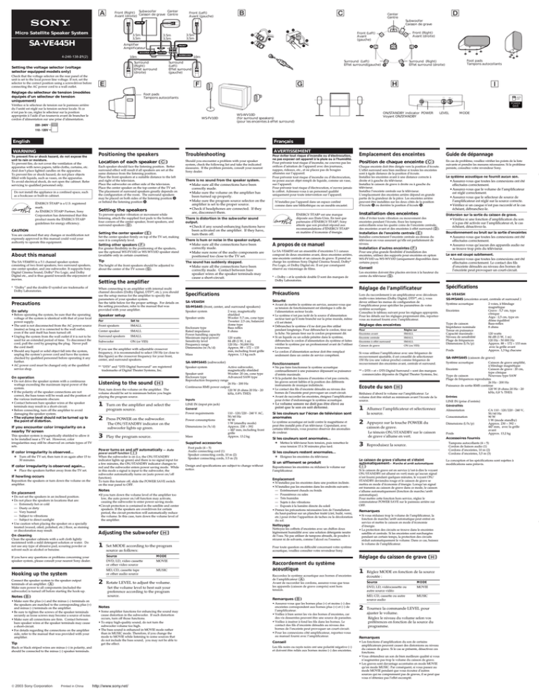 Sony SA-VE445H Operating instructions Sony SA-VE445H Operating instructions