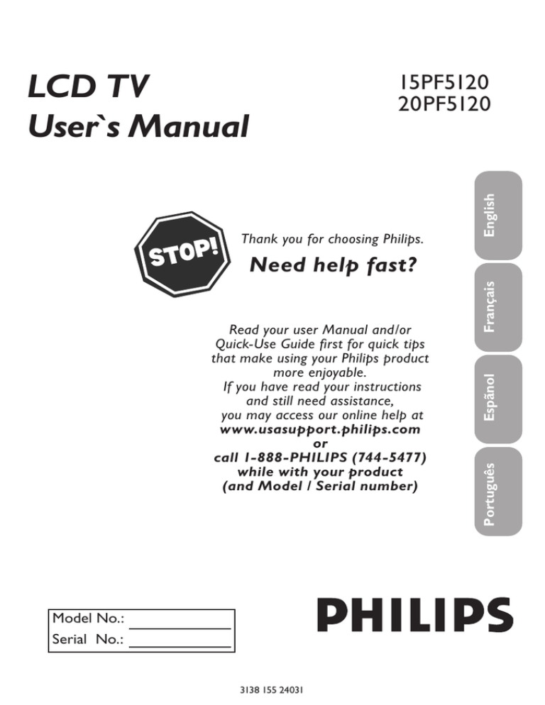 Philips 15PF5120, 15PF5120/28, 20PF5120/28 User's manual Philips 15PF5120, 15PF5120/28, 20PF5120/28 User's manual