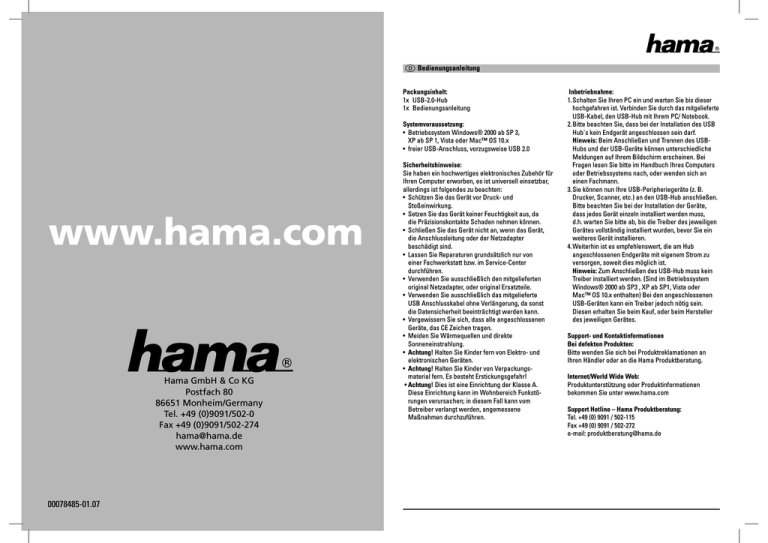 Hama USB 2.0 Hub 1:4, blue User manual Hama USB 2.0 Hub 1:4, blue User manual