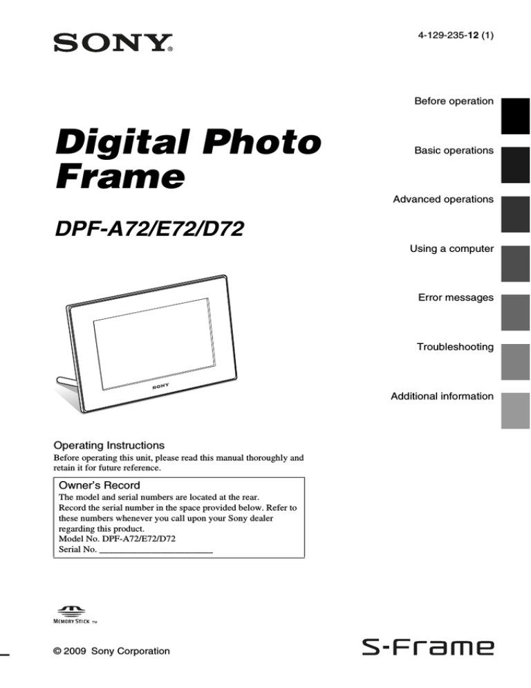 Sony DPF-D72, DPF-D72W, DPF-A72, DPF-E72 Operating instructions Sony DPF-D72, DPF-D72W, DPF-A72, DPF-E72 Operating instructions