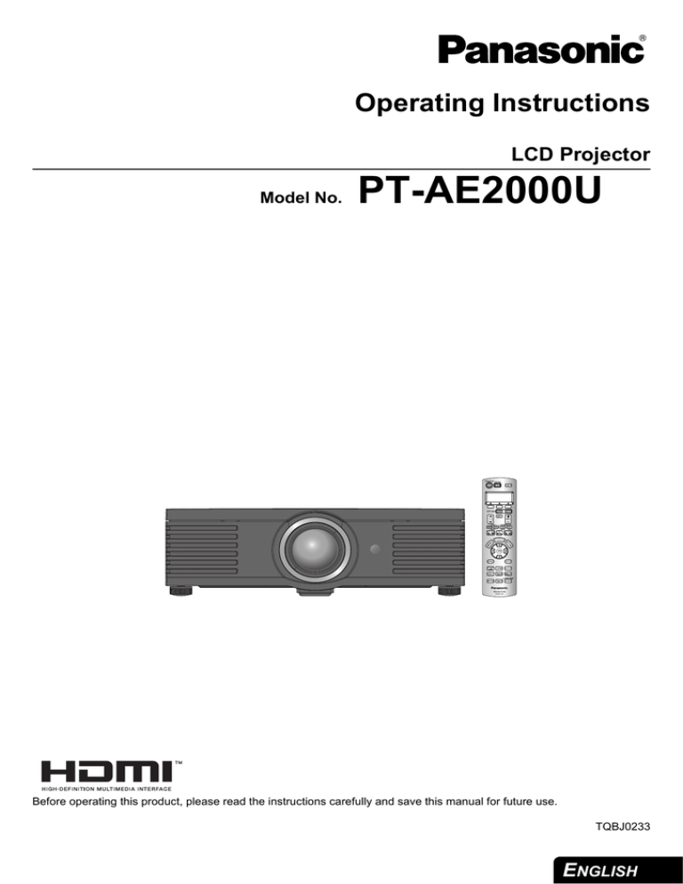 Panasonic PT-AE2000U Operating instructions Panasonic PT-AE2000U Operating instructions