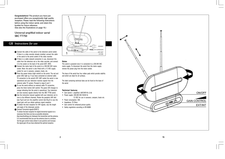 Philips SBCTT750/00, SBCTT750/19, TV antenna UHF/VHF/FM Indoor 40 dB amplified User manual Philips SBCTT750/00, SBCTT750/19, TV antenna UHF/VHF/FM Indoor 40 dB amplified User manual
