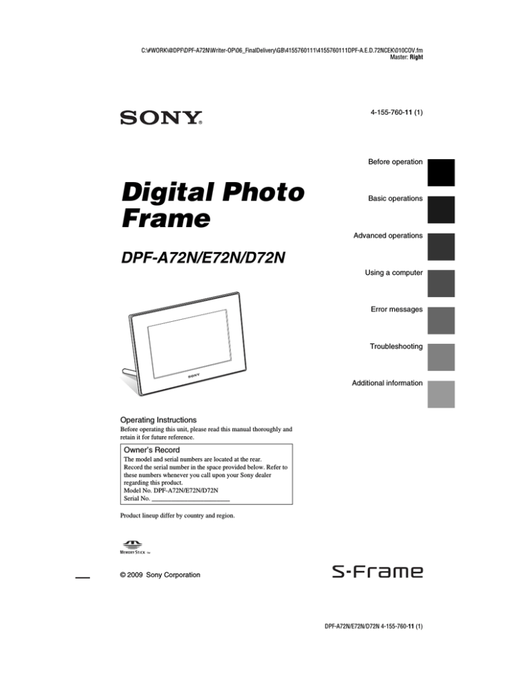 Sony DPFD72NB, DPF-D72NW, DPF-D72N, DPF-D72NR Operating instructions Sony DPFD72NB, DPF-D72NW, DPF-D72N, DPF-D72NR Operating instructions