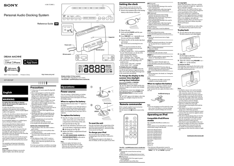 Sony ICF-CL75IP User's guide Sony ICF-CL75IP User's guide