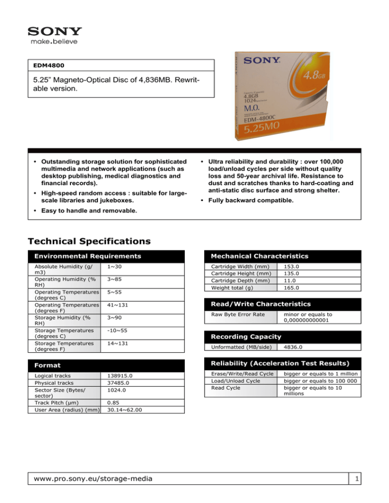 Sony EDM4800B Specification Sony EDM4800B Specification