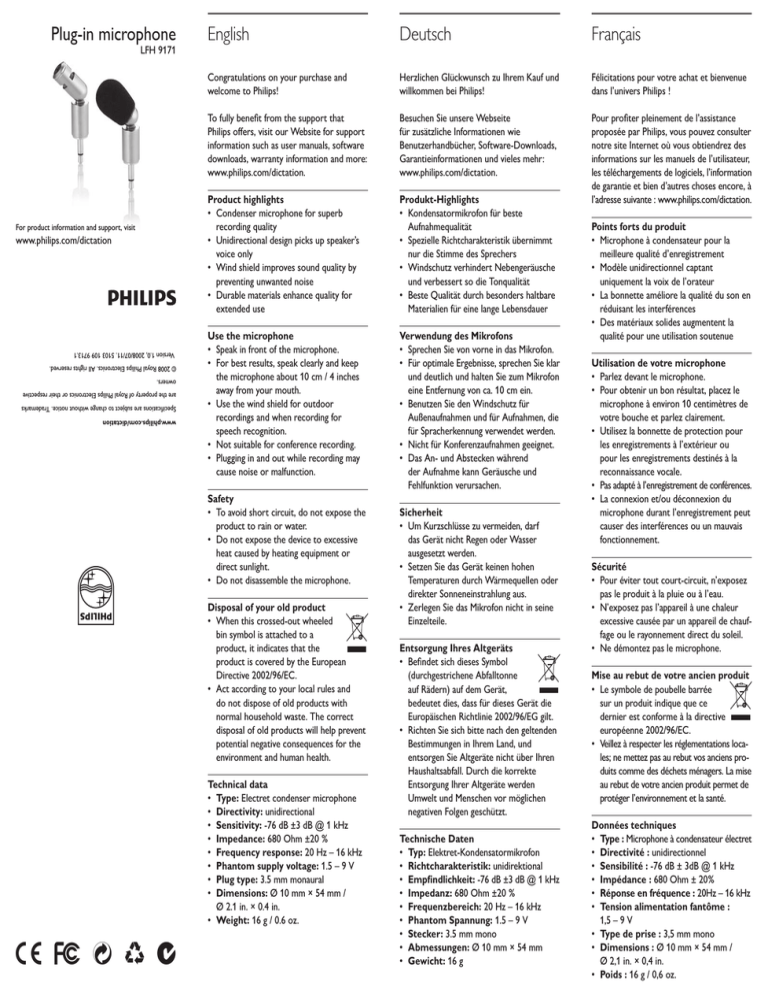 Philips LFH9171/00, LFH9171 Specification Philips LFH9171/00, LFH9171 Specification